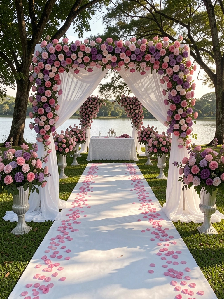 Arco de casamento com rosas rosas e roxas e tecido branco, corredor branco com pétalas, vasos florais e lago ao fundo.