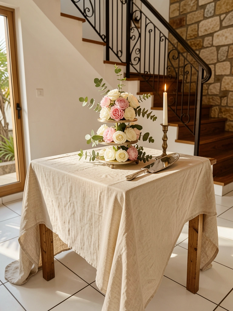 Mesa redonda de madeira com toalha de linho bege, bolo de três andares decorado com rosas brancas e peônias rosas, castiçal prateado com velas acesas e escada de ferro ao fundo, luz natural suave.
