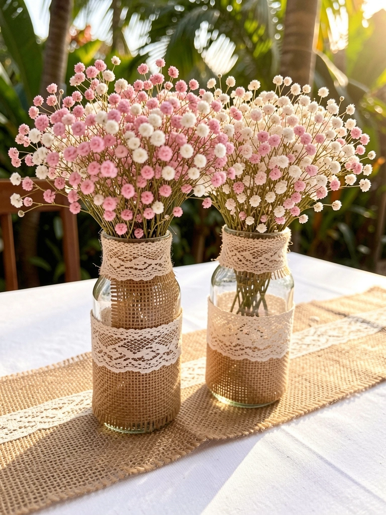 Dois frascos rústicos de vidro envoltos em juta e renda com buquês de gipsofila rosa e branca sobre toalha de mesa branca e forração de juta, luz natural filtrada.