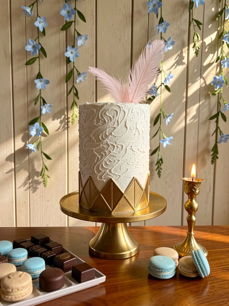 Bolo branco texturizado com base dourada e pena rosa em suporte de bolo dourado, sobre mesa de madeira com macarons azuis e castiçal aceso, luz natural e parede de painéis claros com trepadeiras.