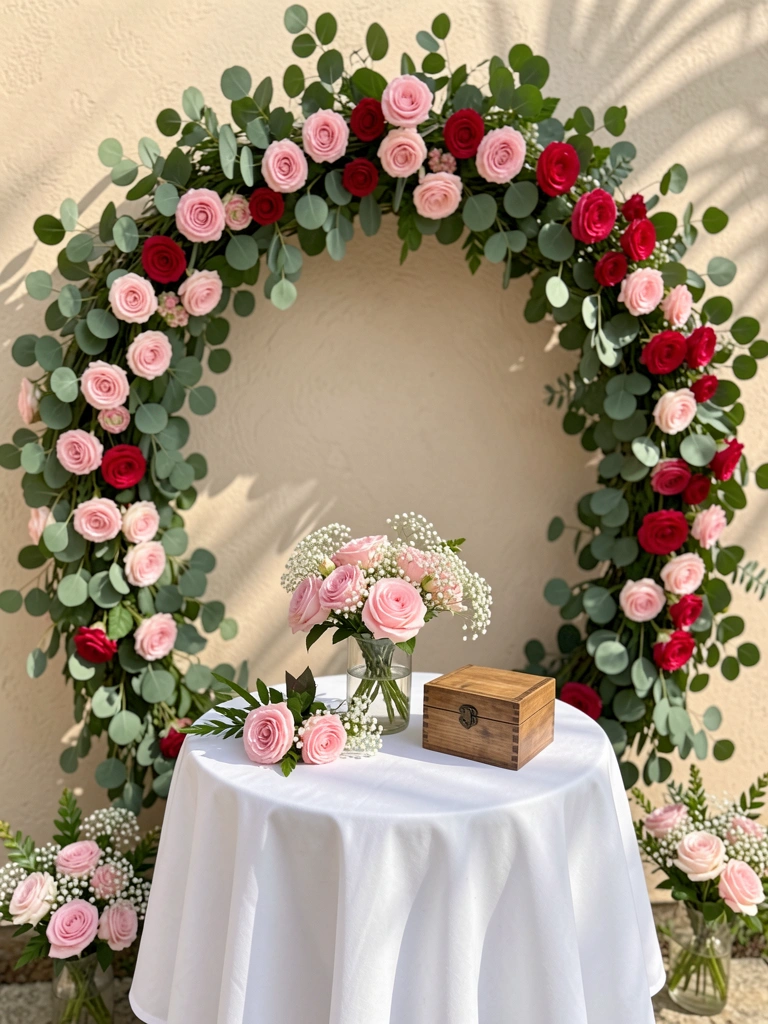 Mesa branca com toalha, buquê de rosas rosa e gipsófila, arco de eucalipto e rosas contra parede bege texturizada, luz natural.