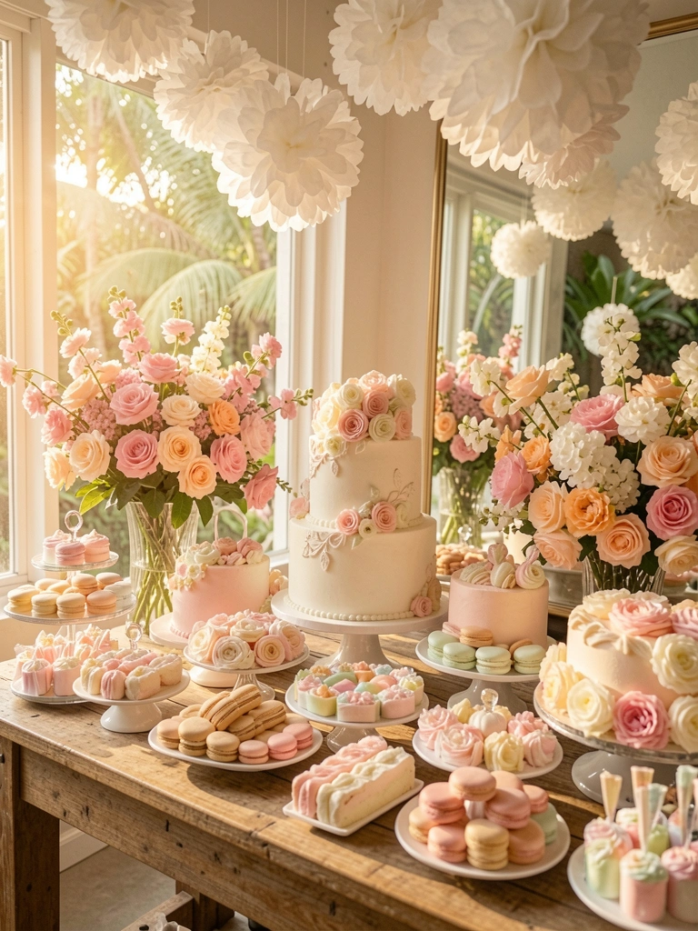 Mesa rústica com bolo de casamento branco, macarons pastel e arranjos de flores rosas, pêssego e brancas; pompons de papel pendurados; luz dourada de janela e floresta tropical desfocada ao fundo.
