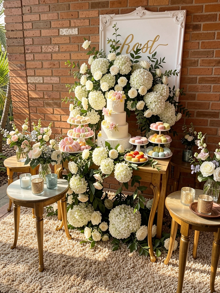 Bolo de casamento em camadas com arranjo floral de rosas brancas e hortênsias, mesa de doces com macarons pastel, parede de tijolos e placa decorativa ao fundo, luz natural.