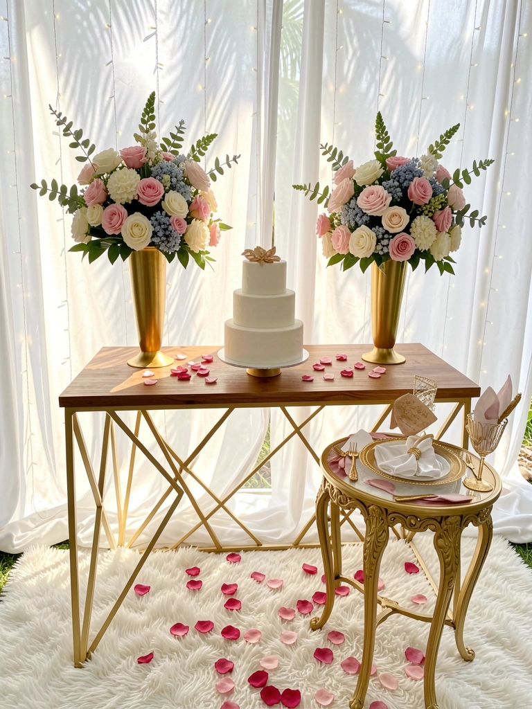 Mesa de madeira clara com bolo branco de quatro andares, vasos dourados com flores e talheres banhados a ouro, luz natural difusa por cortina com luzes de fada.