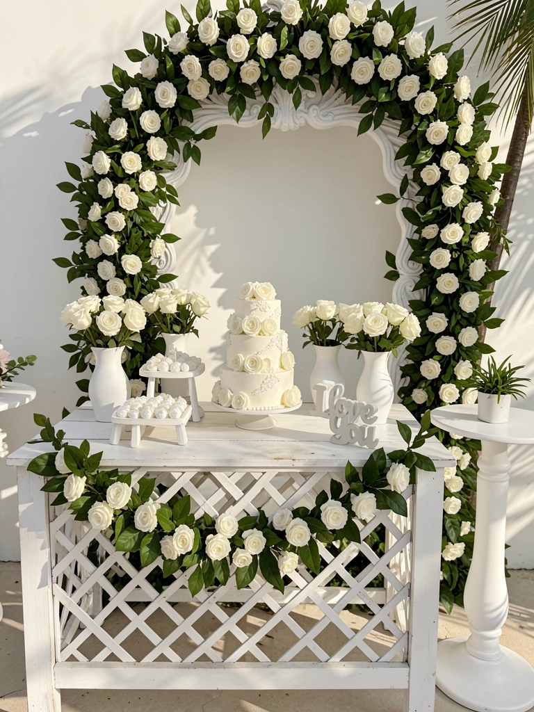 Mesa branca de madeira com bolo de três andares decorado com rosas brancas, arranjo floral em arco e luz natural.