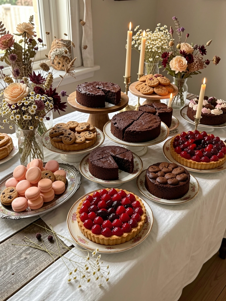 Mesa de madeira rústica com toalha branca exibe bolos, tortas de fruta e macarons em travessas de prata e louça vintage, com flores secas e velas acesas em alturas variadas, luz natural lateral.