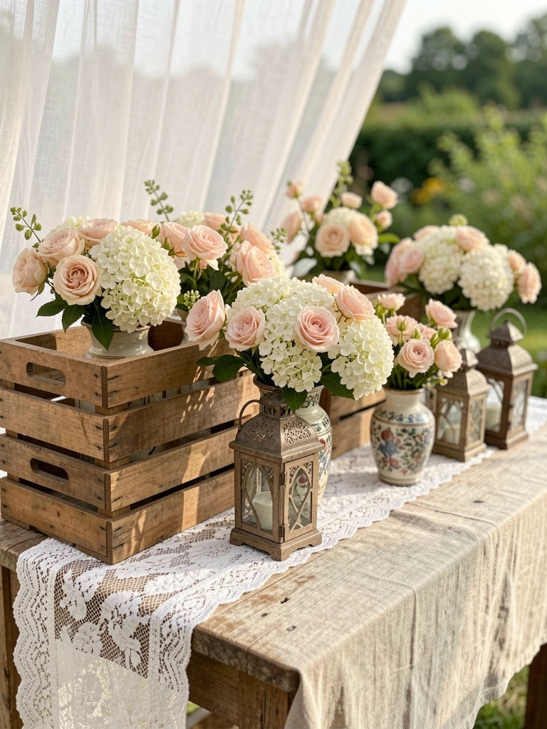 Mesa rústica de madeira com arranjo de rosas blush e hortênsias brancas, cercada por caixotes e lanternas vintage, luz natural filtrada por cortinas de linho.