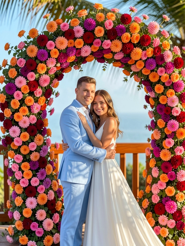 Arco floral exuberante com rosas e dálias laranjas, rosas, roxas e vermelhas, casal abraçado em traje formal, luz solar filtrada, fundo desfocado.