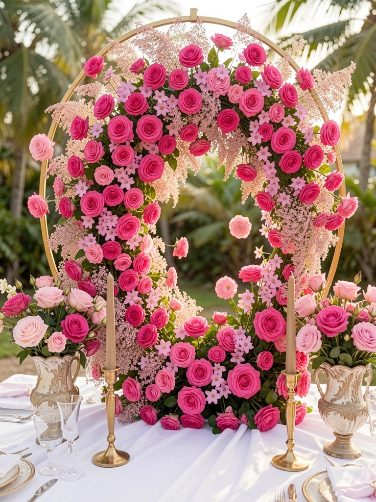 Rosas pink e astromélias transbordam de arco dourado sobre mesa branca com castiçais dourados, luz natural suave ao fundo.