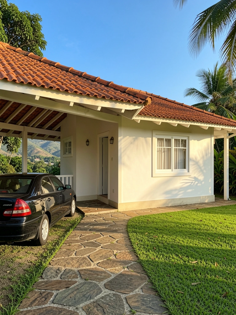 Casa branca com telhado de terracota, varanda coberta e caminho de pedras; gramado verde e colinas ao fundo, carro preto estacionado.