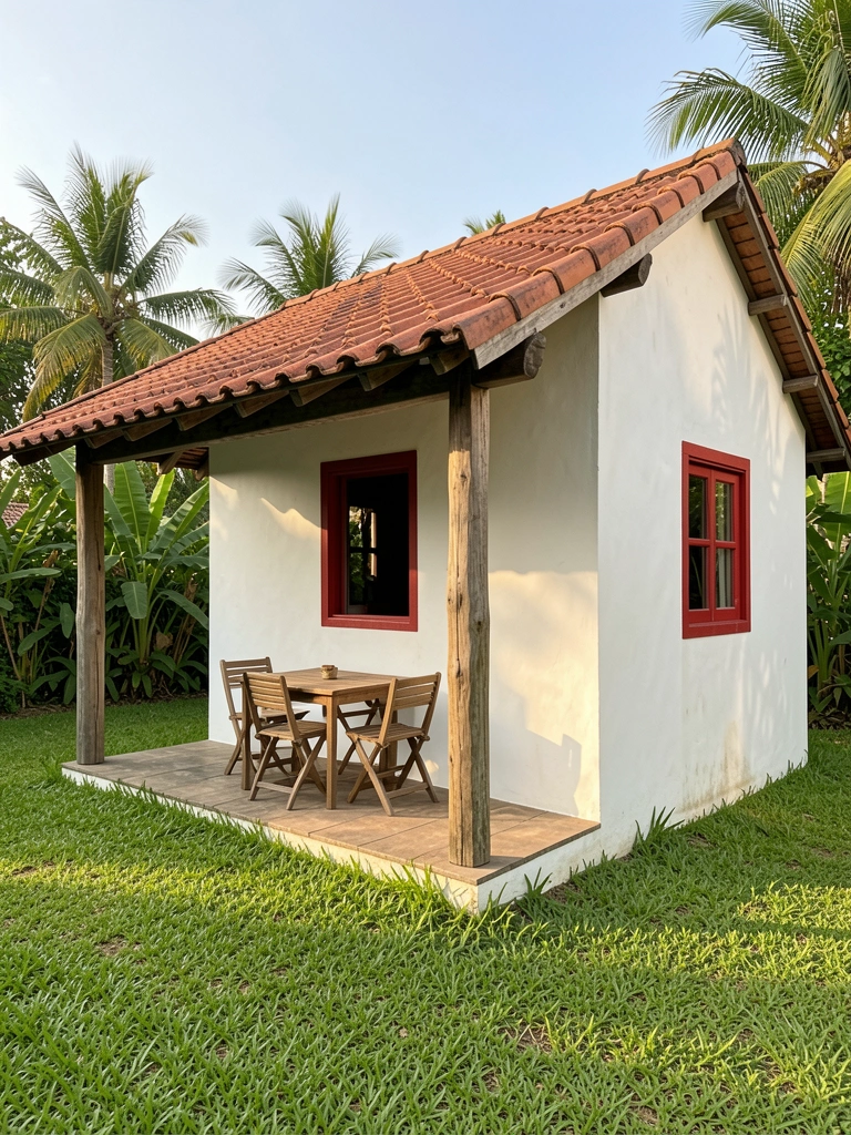 Casa rústica branca com telhado de terracota e varanda coberta com viga de madeira, mesa de jantar e cadeiras simples, janela de moldura vermelha, grama verde e luz natural intensa.