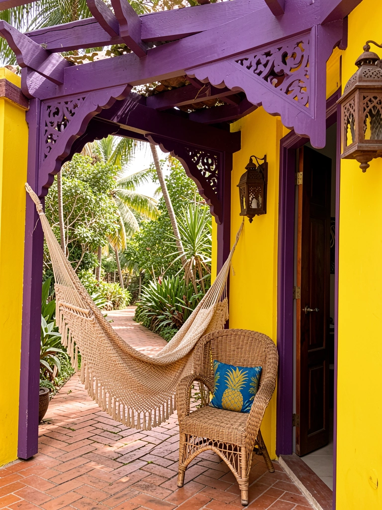 Parede amarela, pérgola roxa escura, rede franjada e poltrona de vime com almofada azul e dourada.