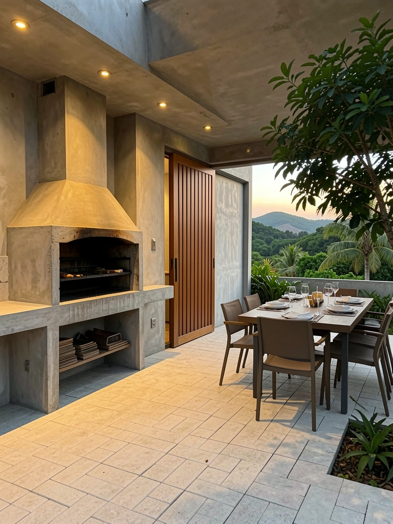 Churrasqueira rústica em espaço gourmet de concreto com luz quente e paisagem verde ao fundo por porta de correr de madeira entreaberta.