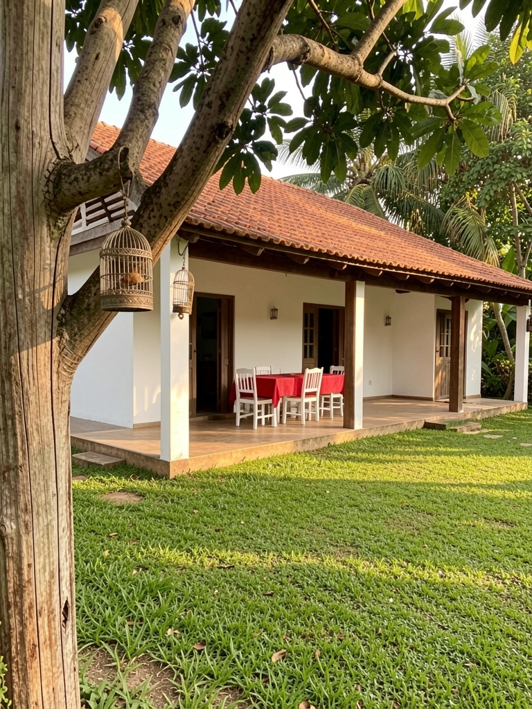 Ampla varanda com mesa de jantar, toalha vermelha e cadeiras brancas; telhado de terracota e parede caiada; luz tropical filtrando pelas árvores.