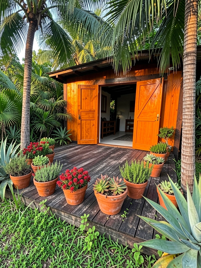 Vasos de terracota com ervas e suculentas sobre deck de madeira escura, porta laranja ao fundo e palmeiras na luz natural.