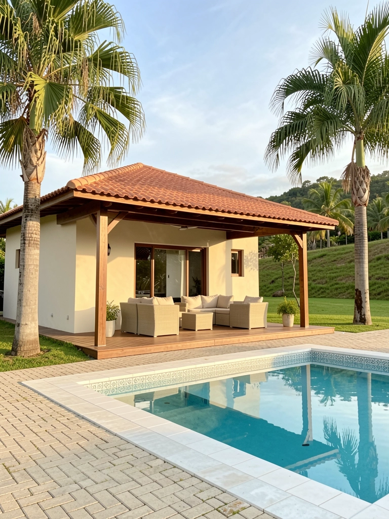 Piscina retangular com borda branca e piso de tijolos claros, casa com telhado de terracota e pérgola de madeira, palmeiras ao fundo sob luz natural.