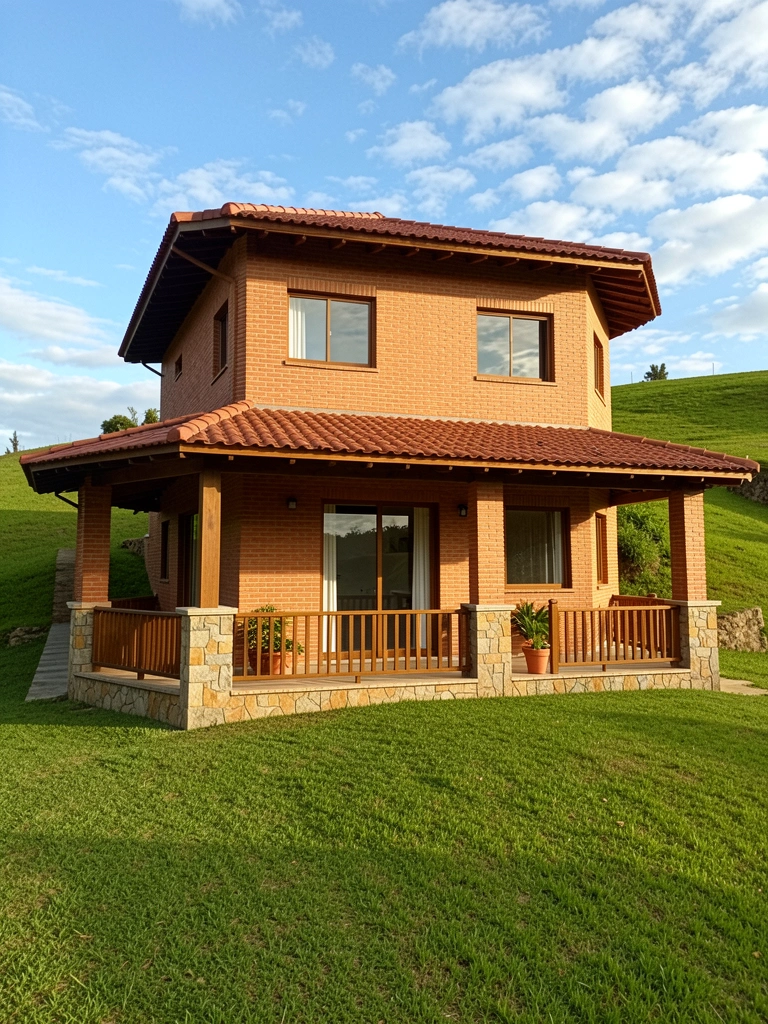 Casa de dois andares em tijolo vermelho com telhado terracota, varanda de madeira e vasos de plantas, grama verde e céu azul com nuvens.