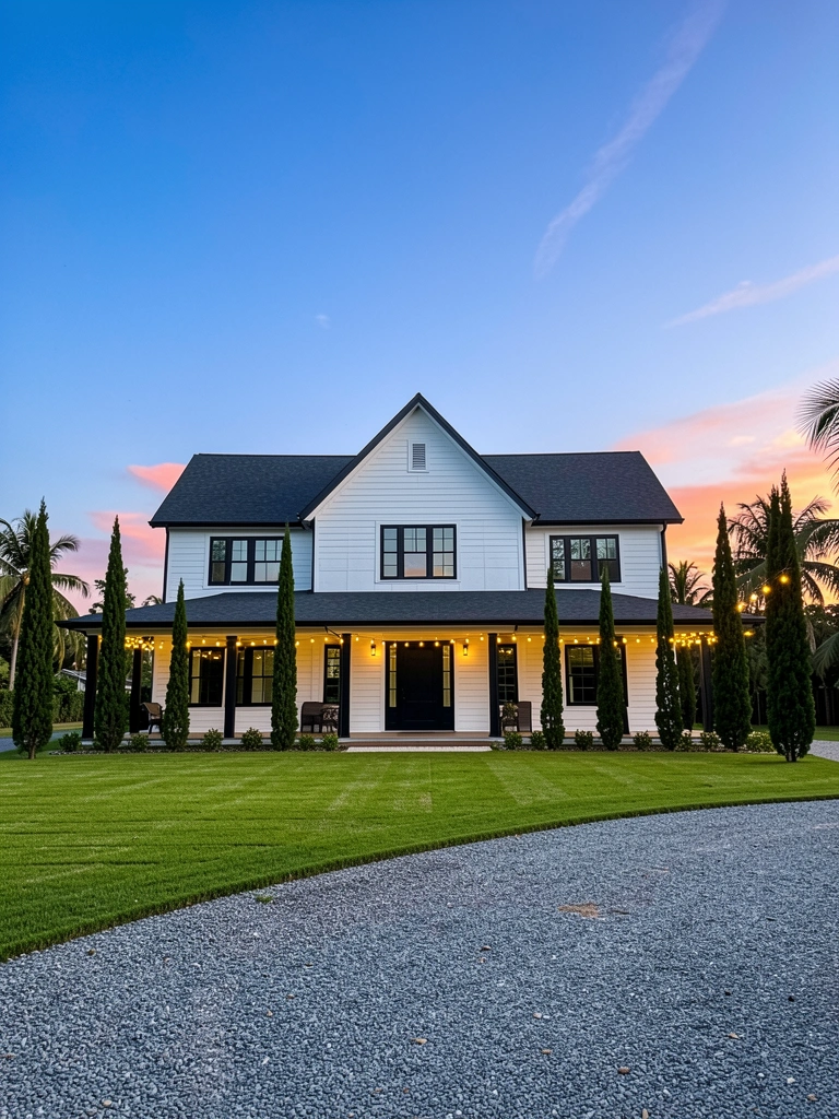 Casa de fazenda de dois andares com telhado cinza escuro e paredes brancas, ampla varanda com colunas pretas, gramado iluminado por luzes de fio, crepúsculo azul e rosa ao fundo.
