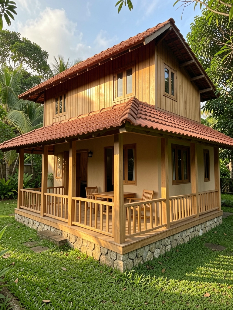 Varanda de madeira clara com mesa e cadeiras, telhado de terracota e parede bege, grama verde e luz natural.
