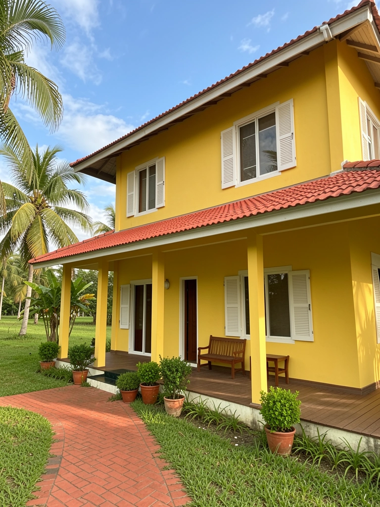 Casa amarela de dois andares com telhado vermelho e venezianas brancas, caminho de tijolos e varanda com banco de madeira, plantas em vasos e céu azul com nuvens.