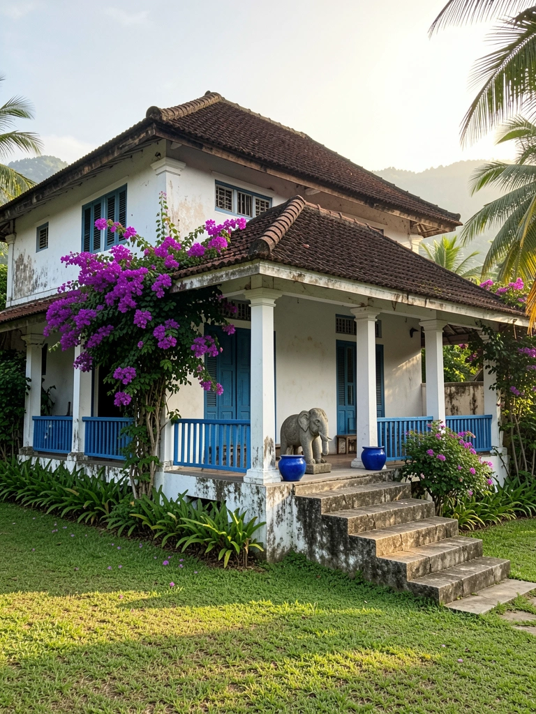 Casa colonial de dois andares com varanda coberta, vasos azuis e buganvília roxa escorrendo sobre degraus de pedra, montanhas ao fundo.