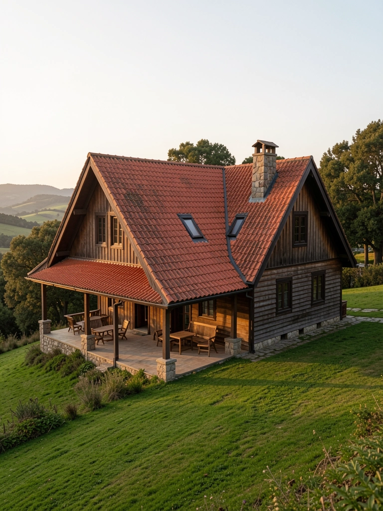 Casa rústica de madeira com telhado de telha cerâmica vermelha, varanda com pilares de pedra e móveis de madeira, gramado verde e colinas ao fundo na luz dourada do entardecer.
