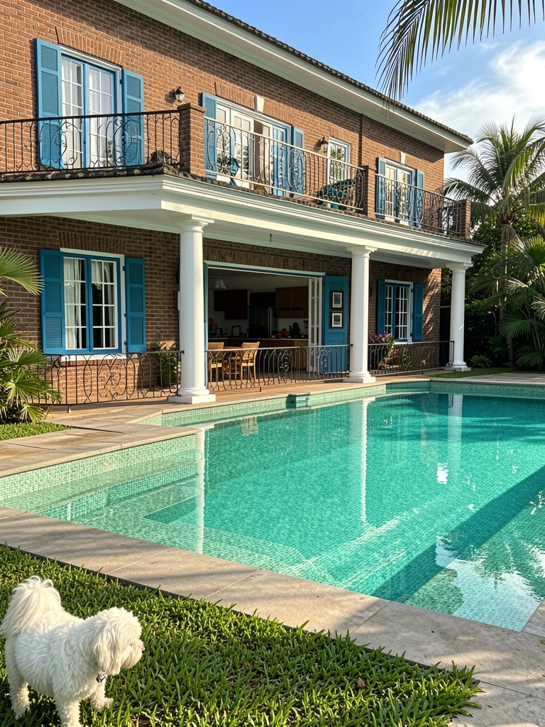 Casa de tijolos com varanda de colunas brancas sobre piscina turquesa, grama verde e cachorro branco no primeiro plano, luz natural do dia.
