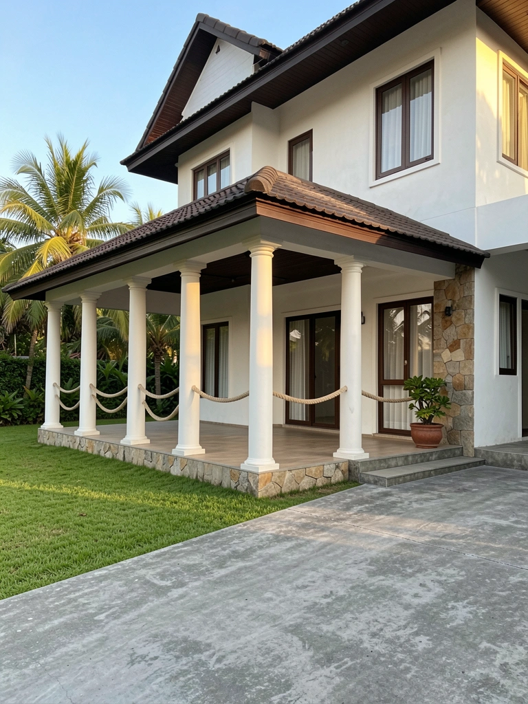 Varanda coberta com colunas brancas e guarda-corpo de corda, casa de estuque branco e telhado marrom, gramado verde e calçada de concreto cinza.