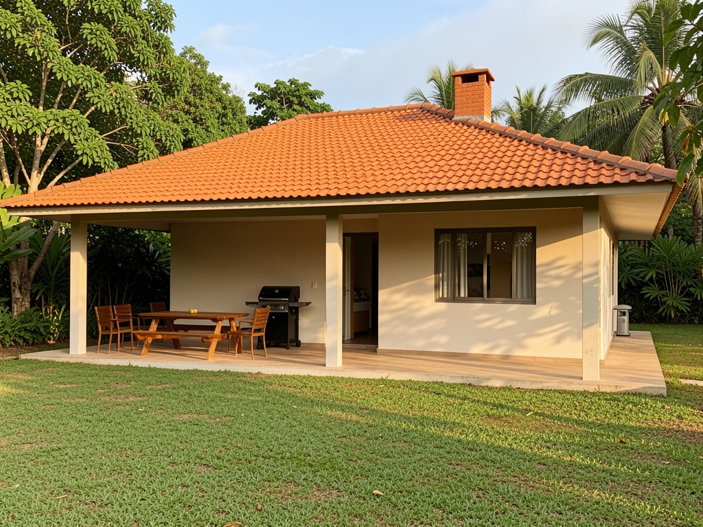 Casa térrea com telhado laranja, varanda com mesa de piquenique de madeira e churrasqueira, árvores verdes ao redor e luz natural do dia.