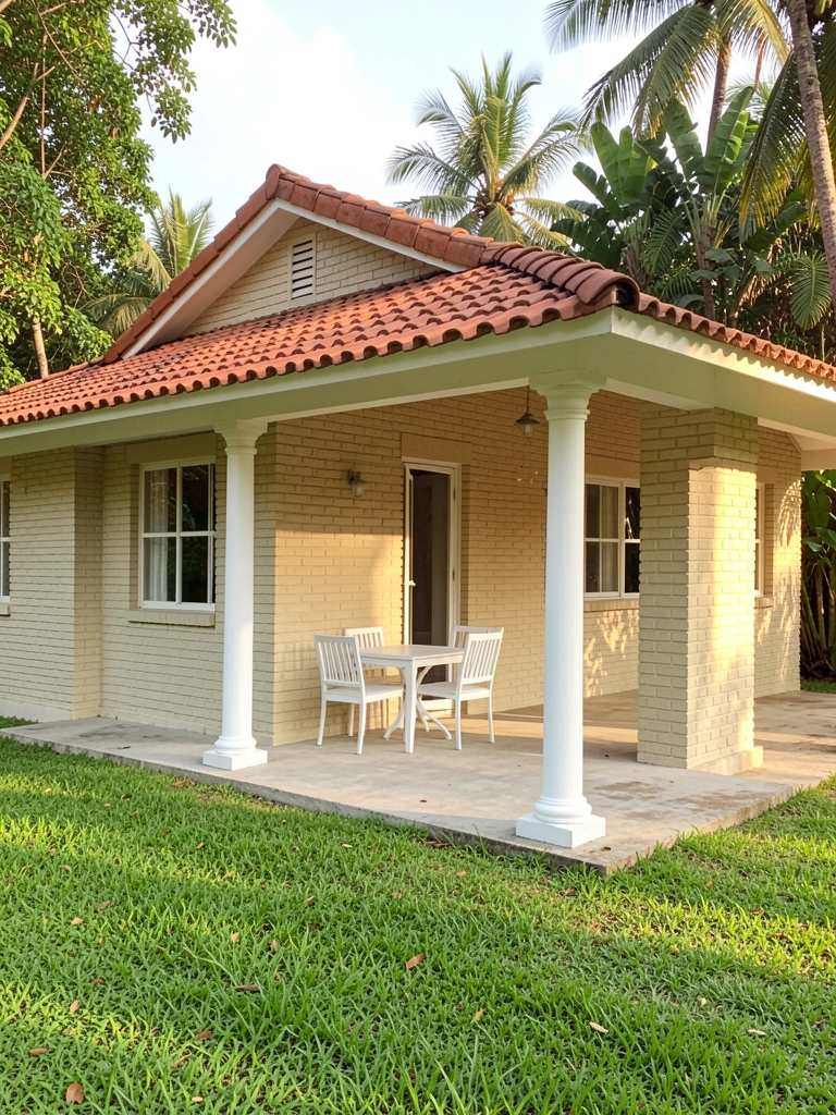 Casa de tijolos claros com telhado de terracota e varanda coberta; mesa e cadeiras brancas no pátio de concreto, grama verde e árvores ao fundo, luz natural do dia.