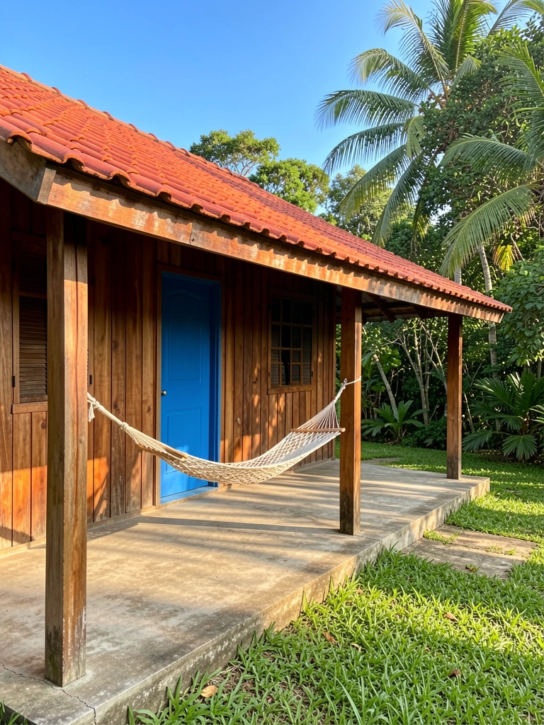 Casa rústica com telhado vermelho e porta azul, varanda de concreto com rede, grama verde e céu azul claro.
