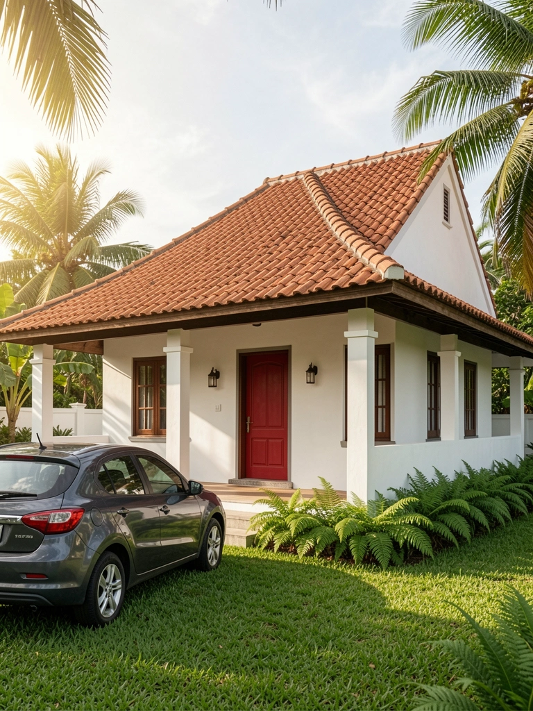 Casa branca com telhado de terracota, porta vermelha e janelas de moldura escura, grama verde e samambaias na base, luz natural do dia.