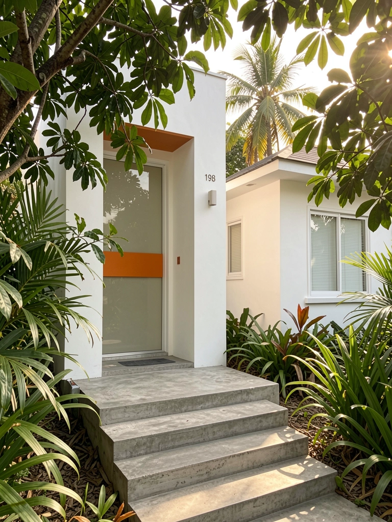 Entrada de casa branca com porta de vidro e faixa laranja, caminho de concreto, vegetação verde e luz natural filtrada.