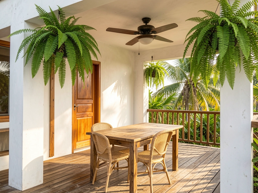Mesa de madeira rústica com cadeira de rattan trançado em deck de madeira, samambaias pendentes e teto de concreto com ventilador, luz natural tropical.
