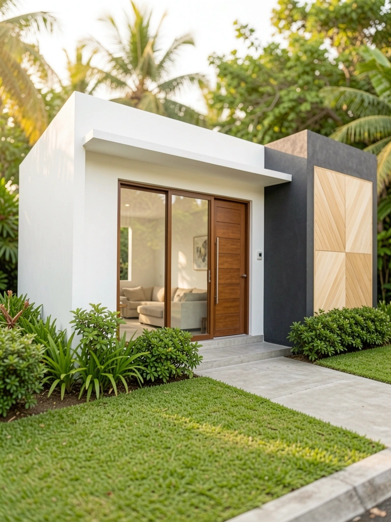Fachada branca minimalista com porta de vidro e porta de madeira marrom, grama verde e arbustos, caminho de concreto levando à entrada, luz natural quente.