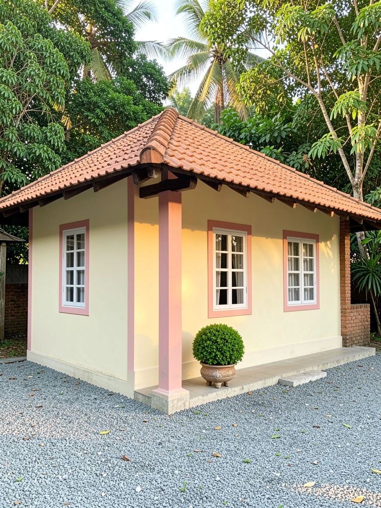Casa amarela clara com telhado de terracota e detalhes rosa, varanda com arbusto verde e vaso, luz natural e árvores ao fundo.