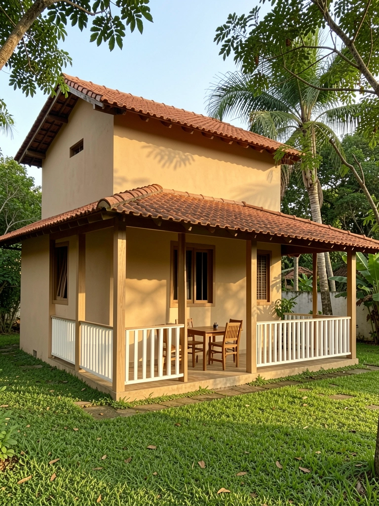 Telhado de terracota e varanda com pilares de madeira clara em casa de parede bege, cercada por grama e árvores sob luz natural.