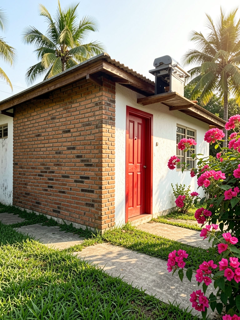 Casa pequena com fachada de tijolos e branca, porta vermelha, churrasqueira no telhado, grama verde e flores rosas ao redor, palmeiras ao fundo sob luz natural.