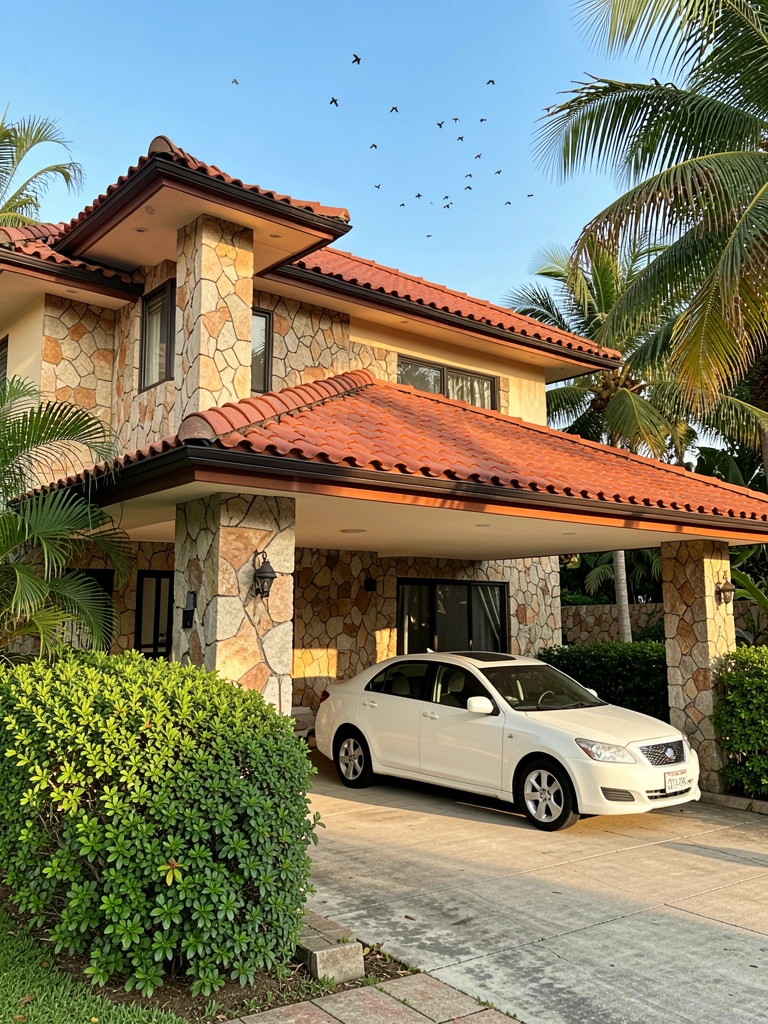 Casa de dois andares com telhado de terracota, fachada de pedra e carro branco estacionado na garagem coberta, sob céu azul com pássaros.