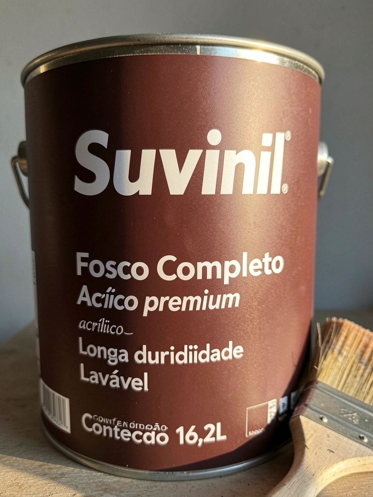 Lata de tinta Suvinil Fosco Completo Acrílico Premium marrom escura com rótulo detalhado, pincel ao lado, parede cinza com luz natural.
