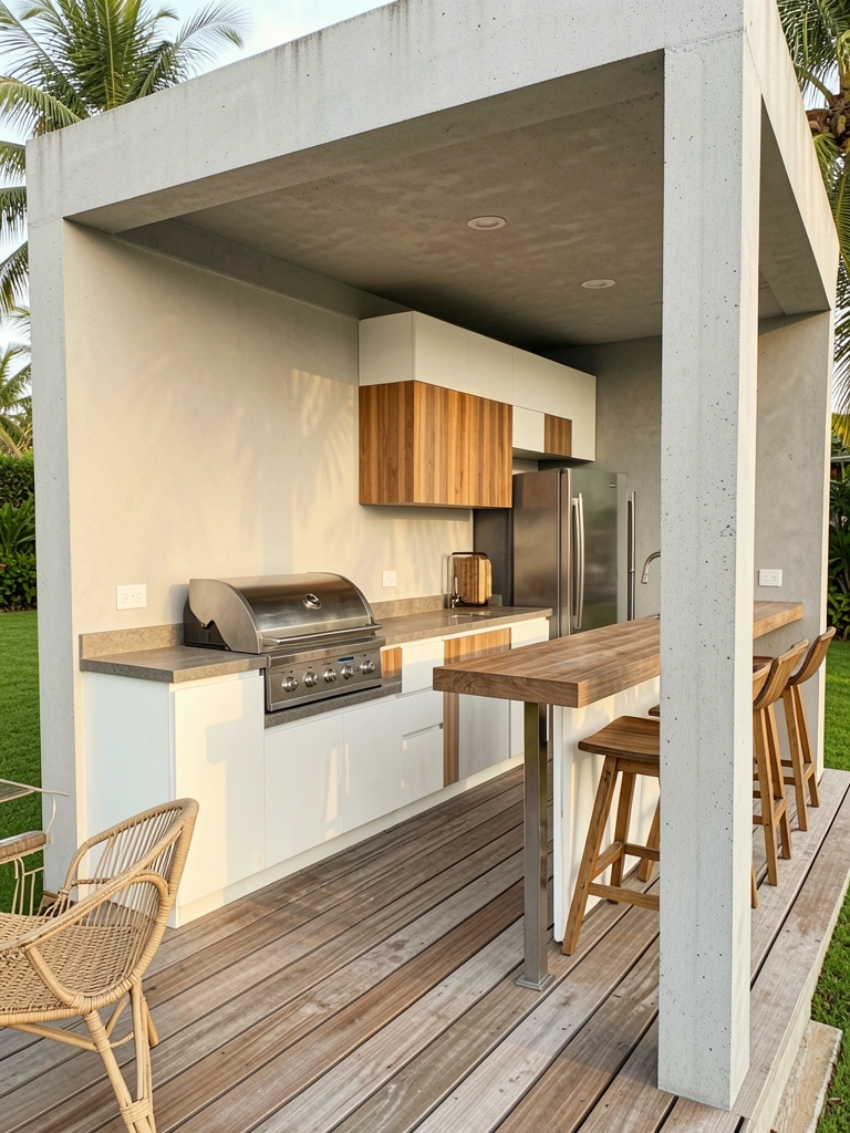 Pergolado de concreto cinza claro com cozinha externa em branco e madeira, churrasqueira embutida, bancada e banco com tampos de madeira, grama e deck ao fundo.