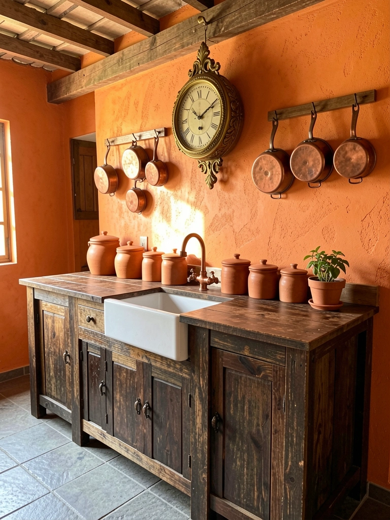 Bancada de cozinha rústica com pia branca, torneira de cobre e vasilhas de cerâmica, parede laranja texturizada e relógio de latão.