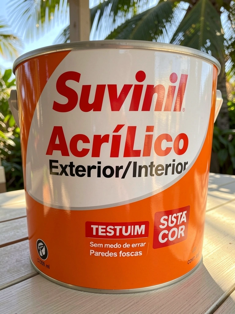 Lata de tinta Suvinil Acrílico Premium laranja com detalhes vermelhos e brancos sobre mesa de madeira clara, luz natural e folhagem ao fundo.