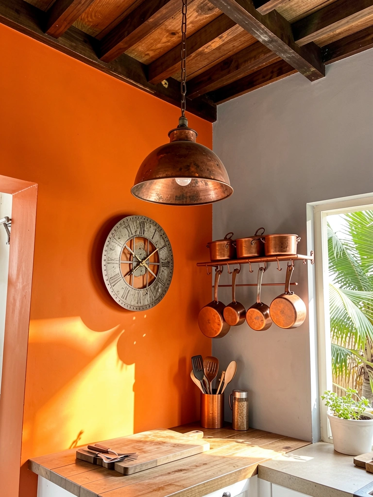 Teto de vigas escuras, parede laranja com relógio de cobre pendurado, bancada com tábua e utensílios, luz natural.
