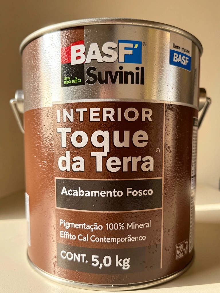 Lata de tinta BASF Suvinil marrom com textura rugosa, rótulo destacando 