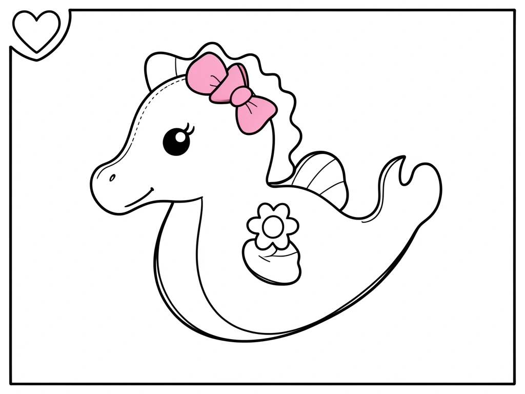 Cavalo-marinho de feltro rosa com laço na cabeça e flor branca no peito, contorno preto sobre fundo branco, estilo livro de colorir.
