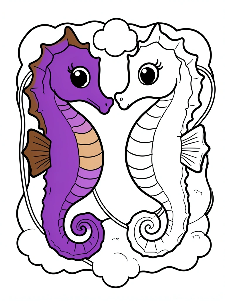 Cavalo-marinho roxo com barbatanas marrons em fundo de feltro, nuvem de algodão e barbante na cauda, dois se sobrepondo.