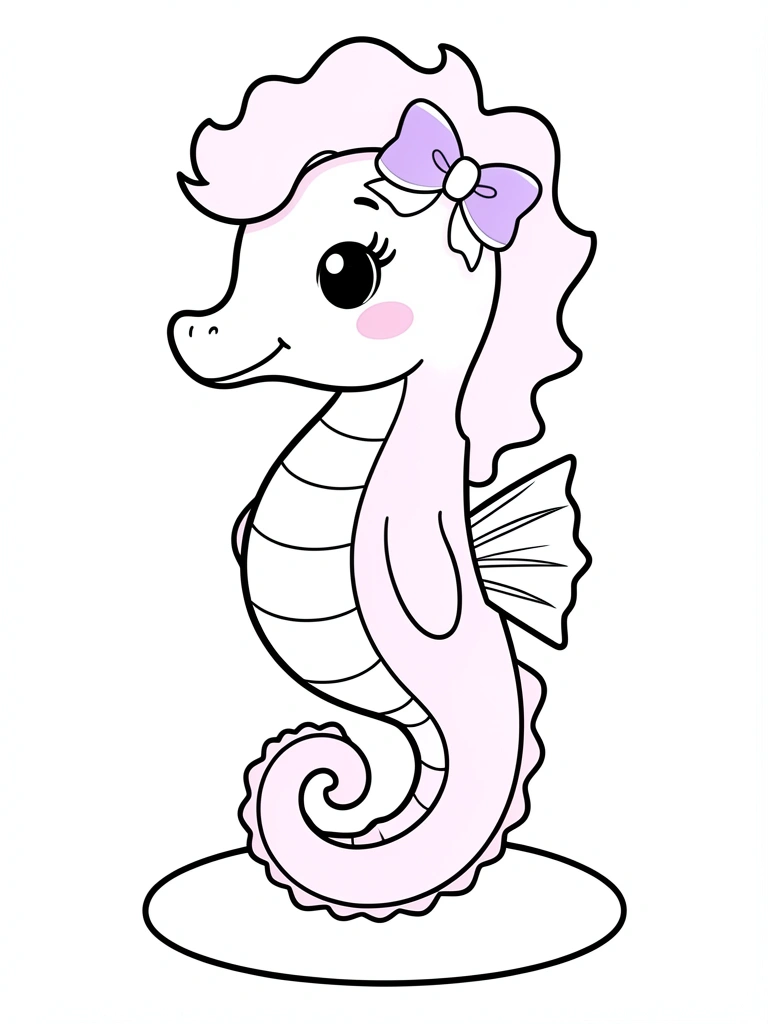 Cavalo-marinho de pelúcia em desenho preto e branco, com laço roxo na testa, blush na bochecha e base branca.