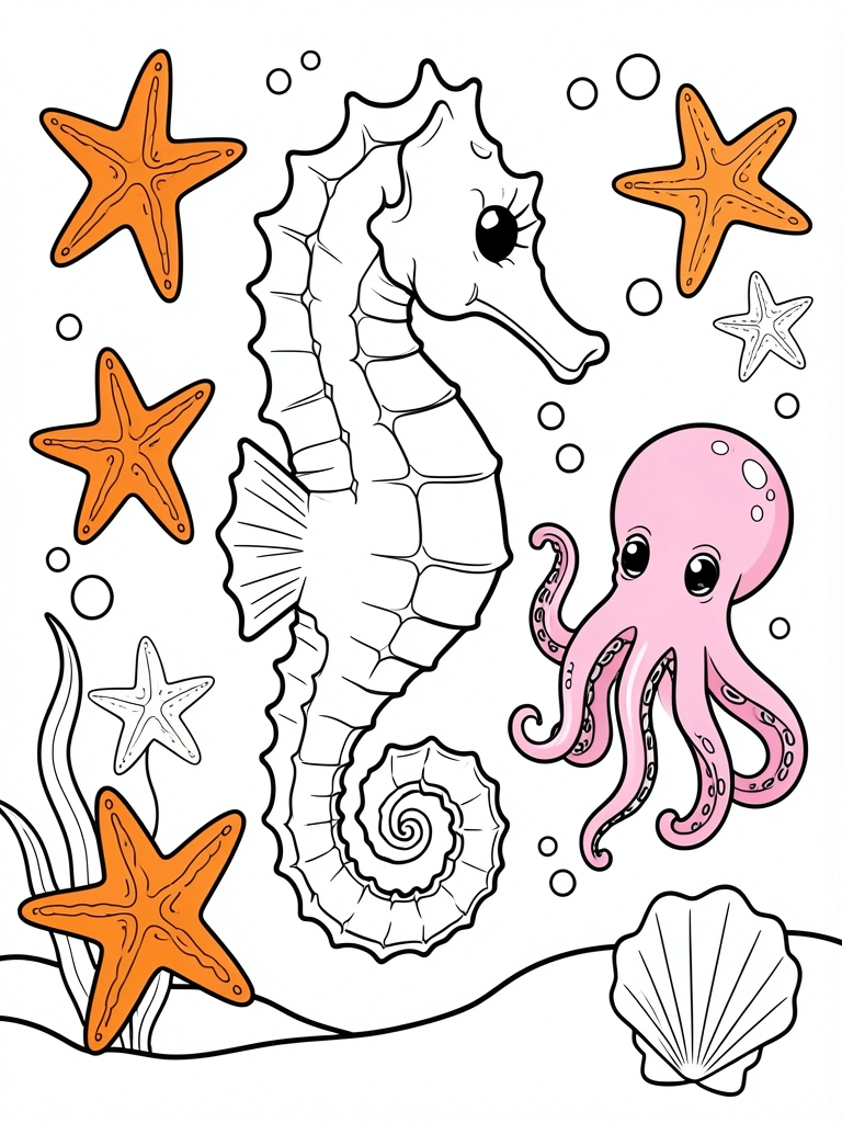 Cavalo-marinho detalhado com cauda enrolada, estrela-do-mar laranja e polvo rosa em fundo branco, estilo para colorir.