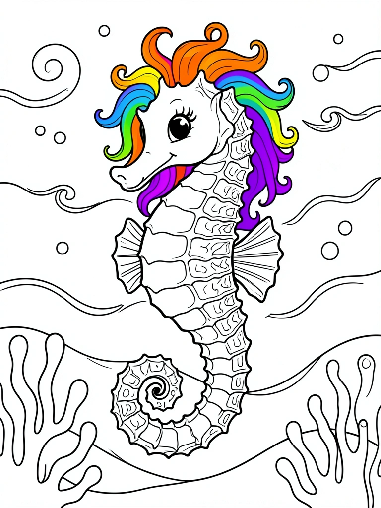 Cavalo-marinho sorridente com cauda espiralada e crina colorida, ondas estilizadas, linhas pretas limpas em fundo branco.